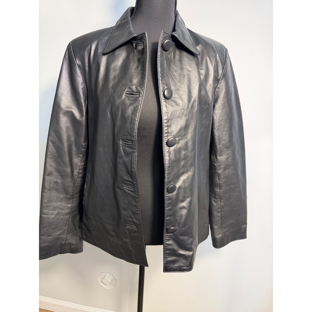 Siciliano Black Leather Blazer Jacket Womens large Button Front Argentina
